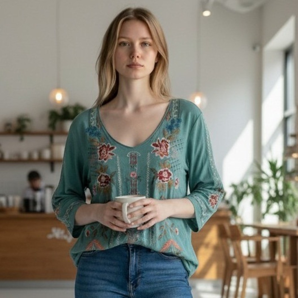 Caite Embroidered V-Neck Top Womens Large Green Boho Floral 3/4 Sleeve Cotton